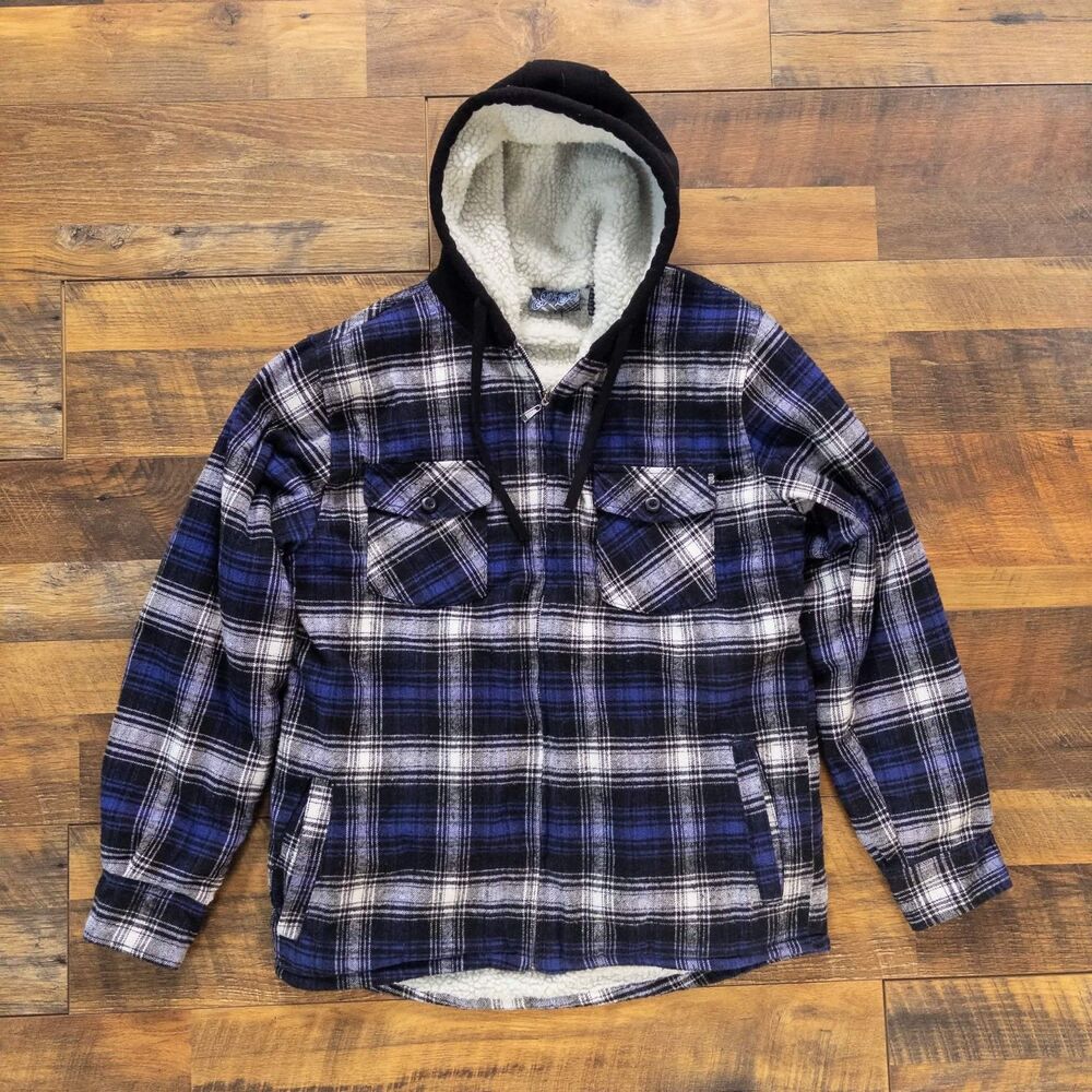 VTG Y2K Skater Plaid Hooded Sherpa Flannel Jacket Mens L Blue Sapphire Lounge
